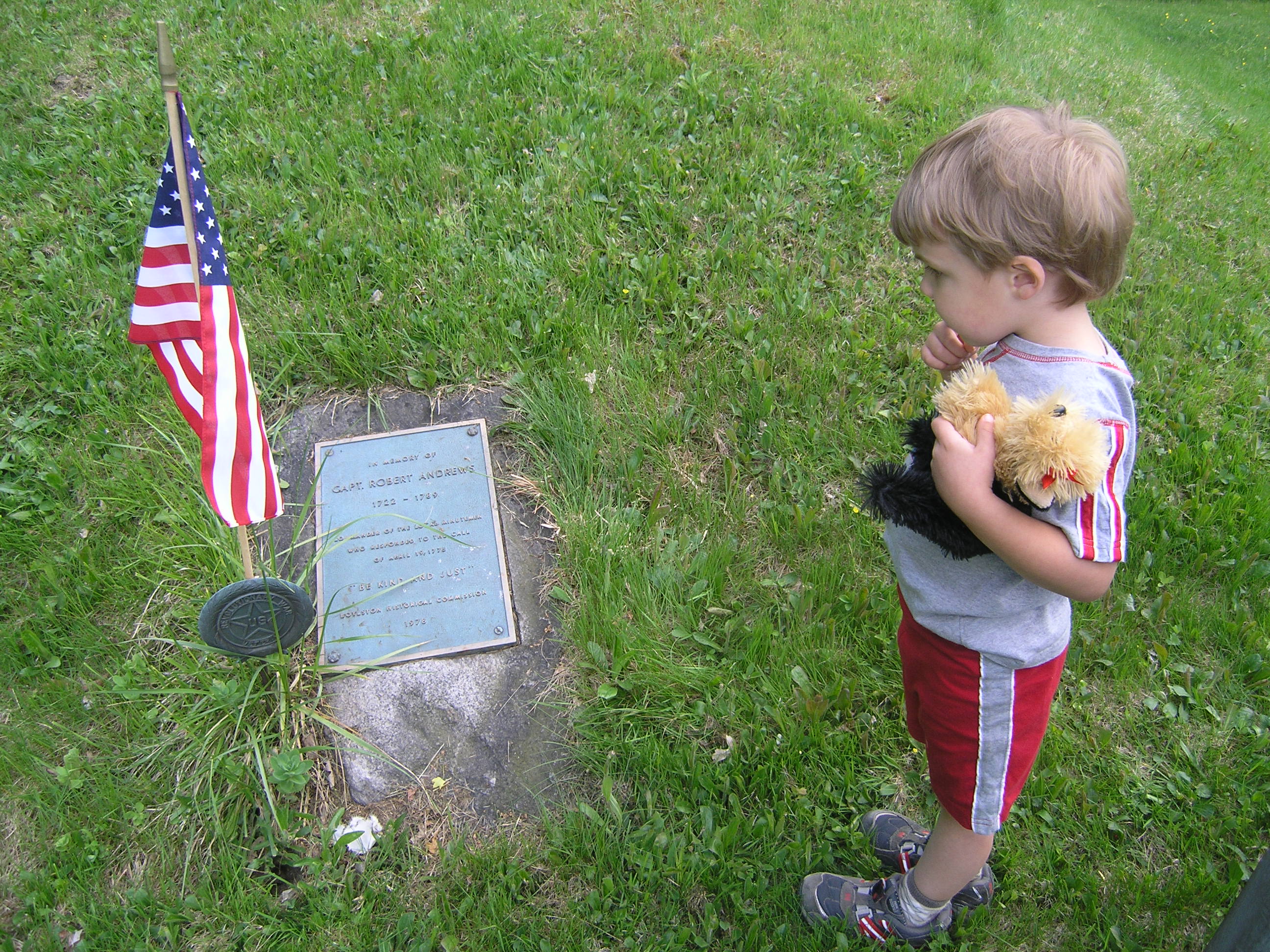 Levi French visits the grave of his sixth-great-grandfather on Memorial Day in 2008