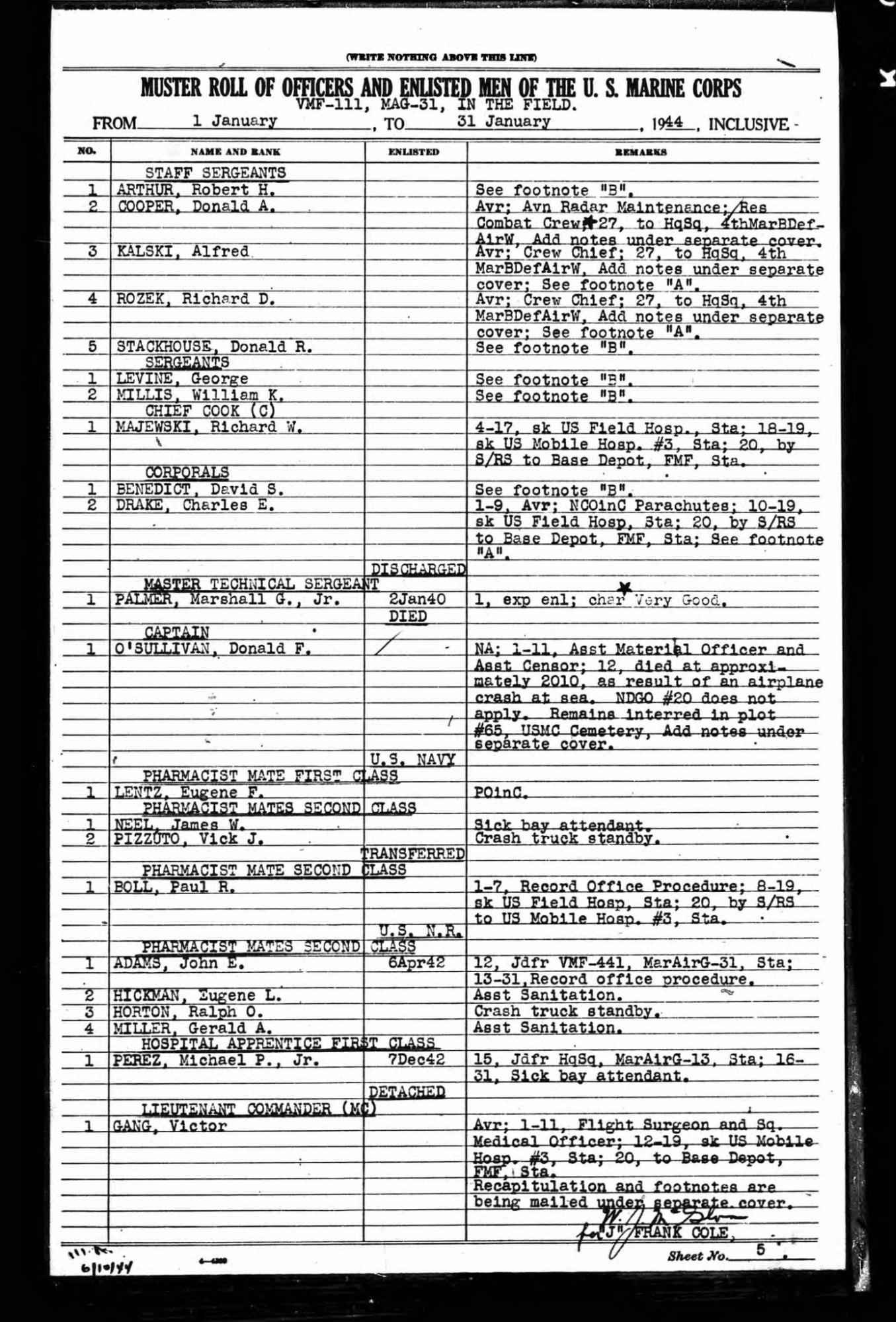 January 1944 Marine Muster Roll, listing Michael in the field