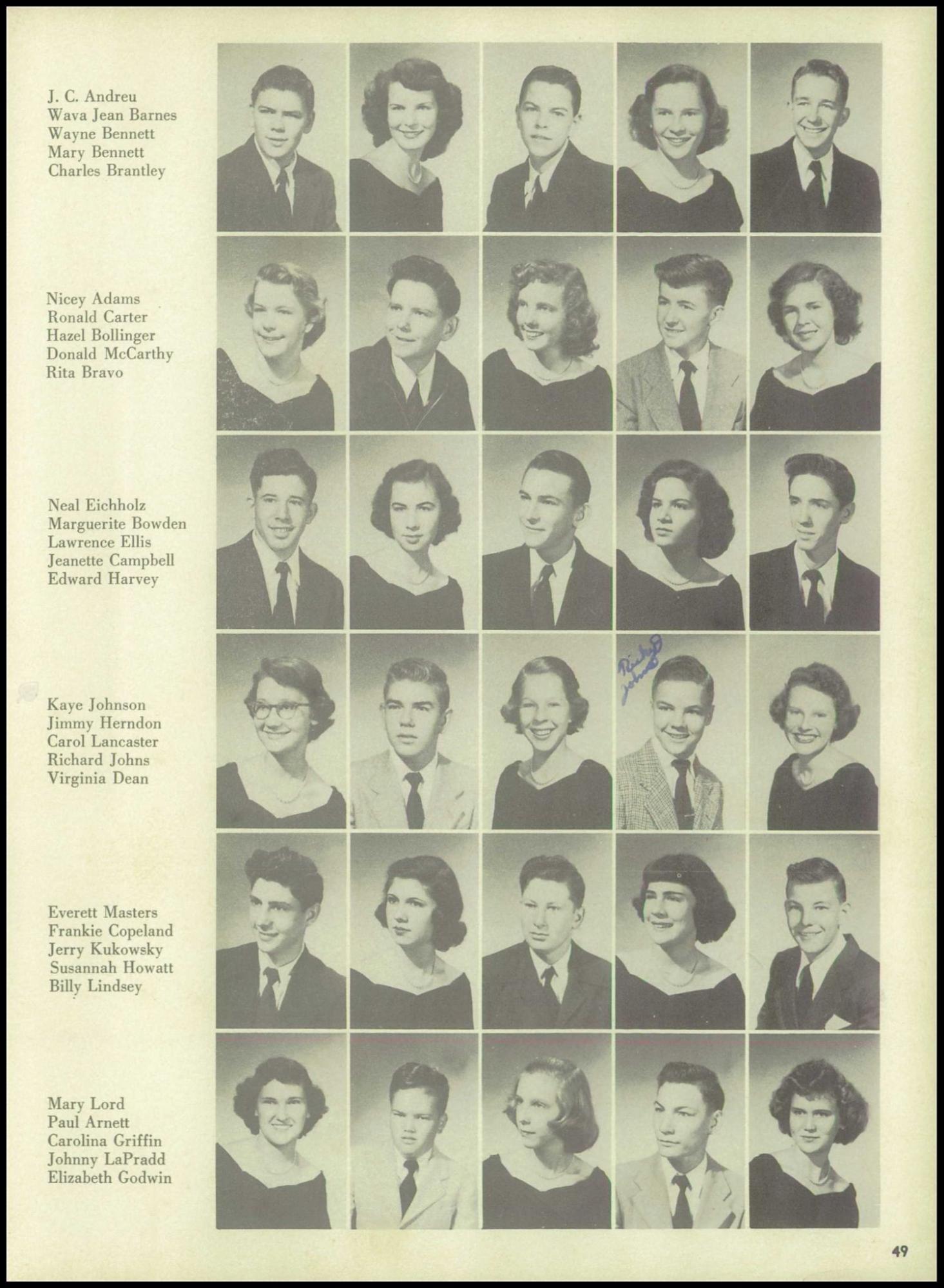 1952 Yearbook showing Adams’s daughter Nicey Adams (second row)