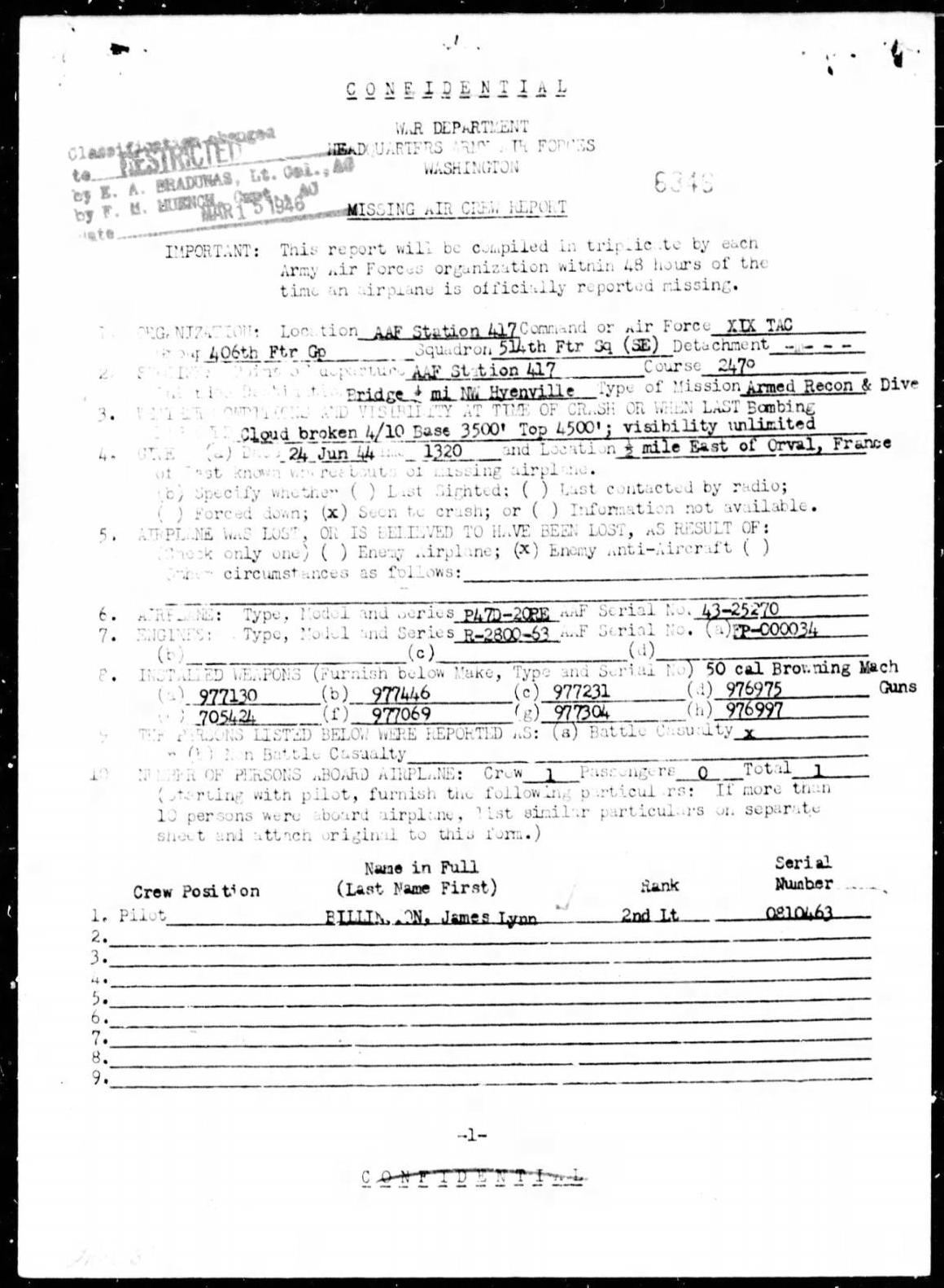 Missing Air Crew Report detailing James Billington's final mission