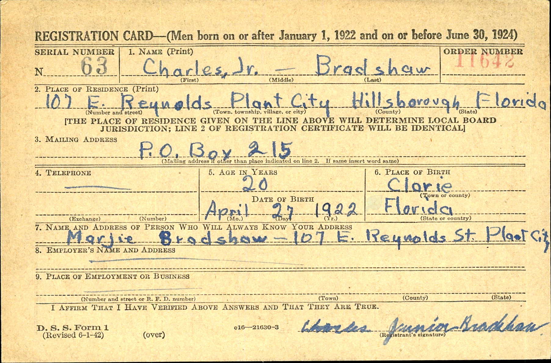 Charles Bradshaw’s WWII Draft Registration Card