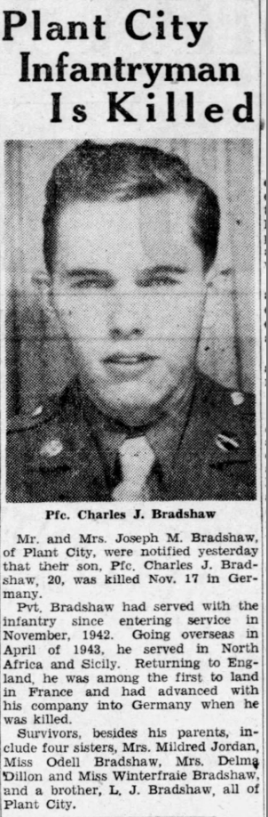 Newspaper article announcing the death of Charles Bradshaw