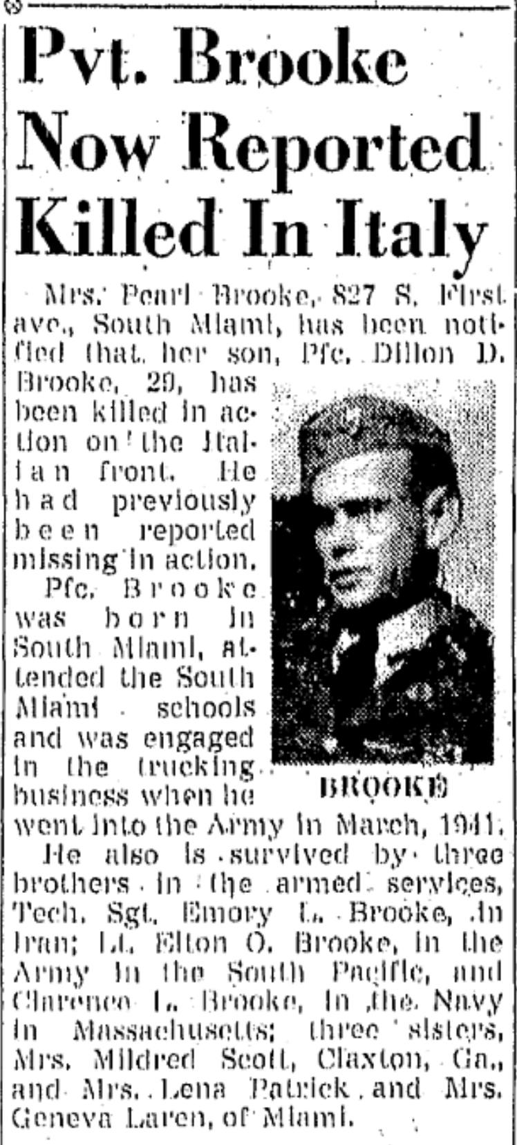 Miami Herald Article Announcing Pvt. Brooke’s Death in Italy