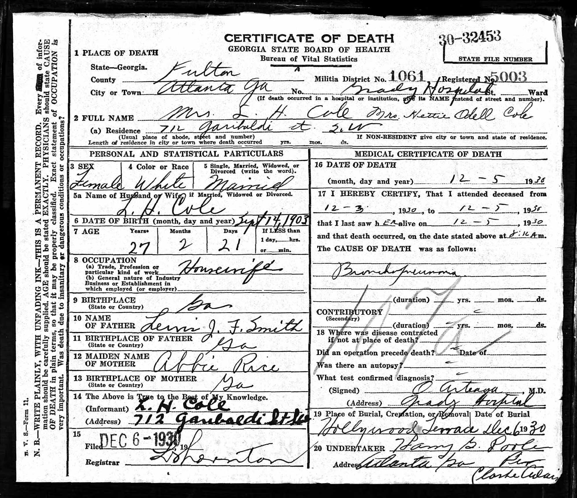 Hettie Odell Cole’s 1930 Death Certificate