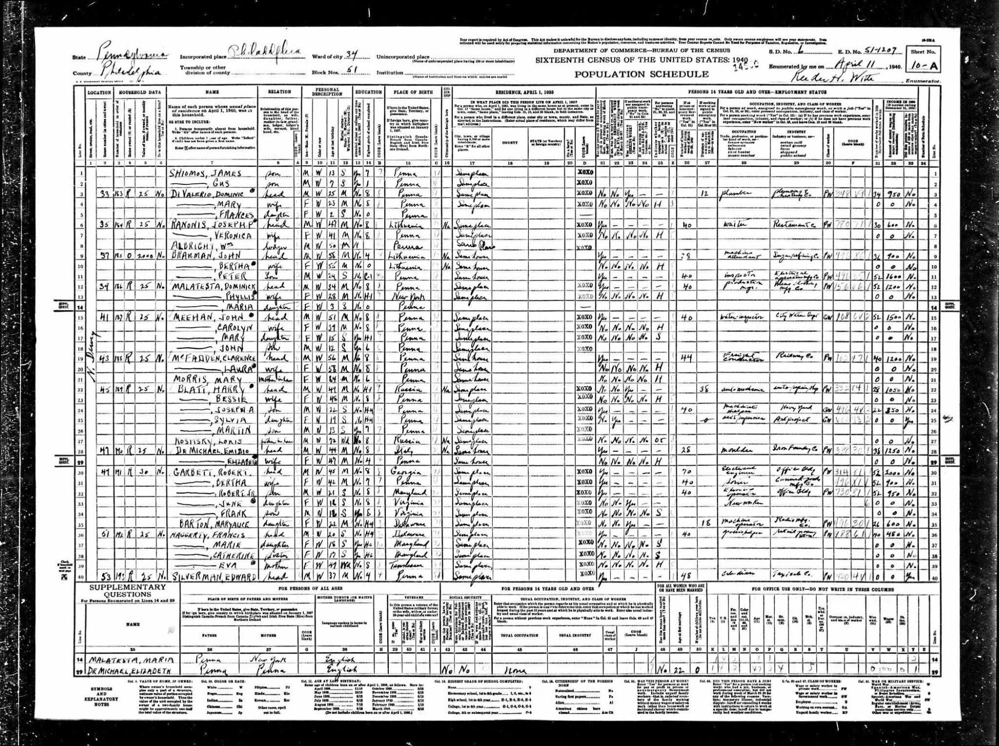 Robert Jr. (line 32) in the 1940 Census, Philadelphia