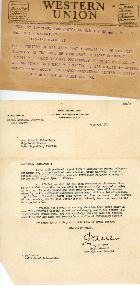 Telegram and letter confirming Nettles' death