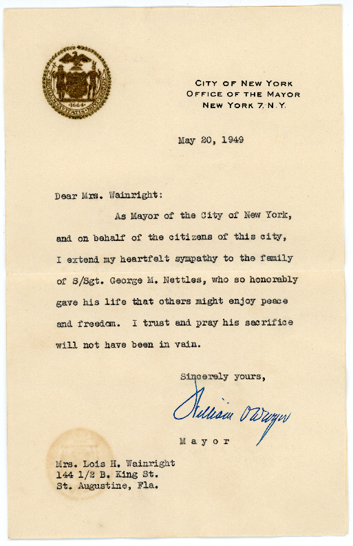 Letter to Nettles family from NYC Mayor William O'Dwyer