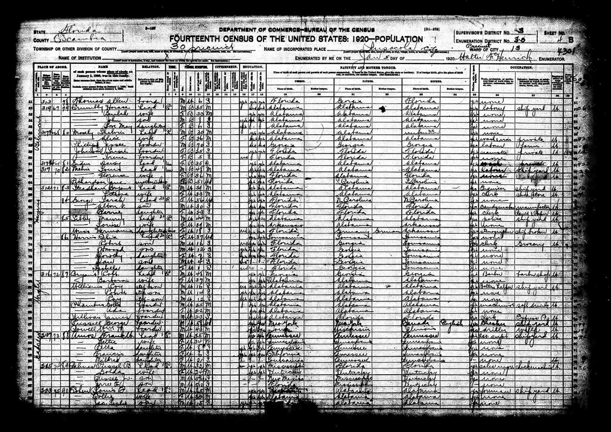 1920 US Census, Jere Palmes and family, lines 94-97