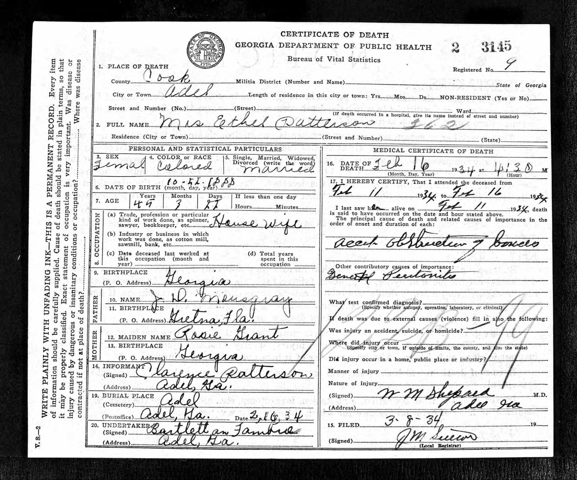Ethel Patterson 1934 Death Certificate