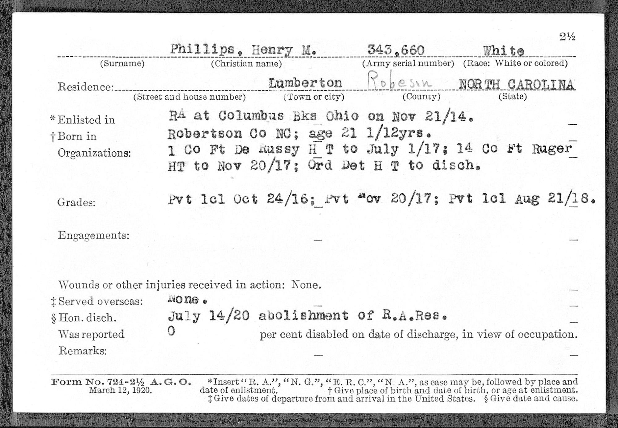 Henry M. Phillips' WWI Service Card