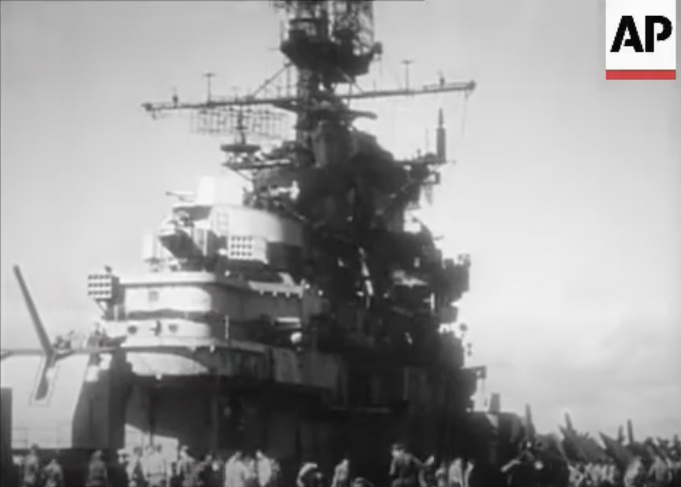 A still from the footage of kamikaze strike on the USS Ticonderoga, January 21, 1945