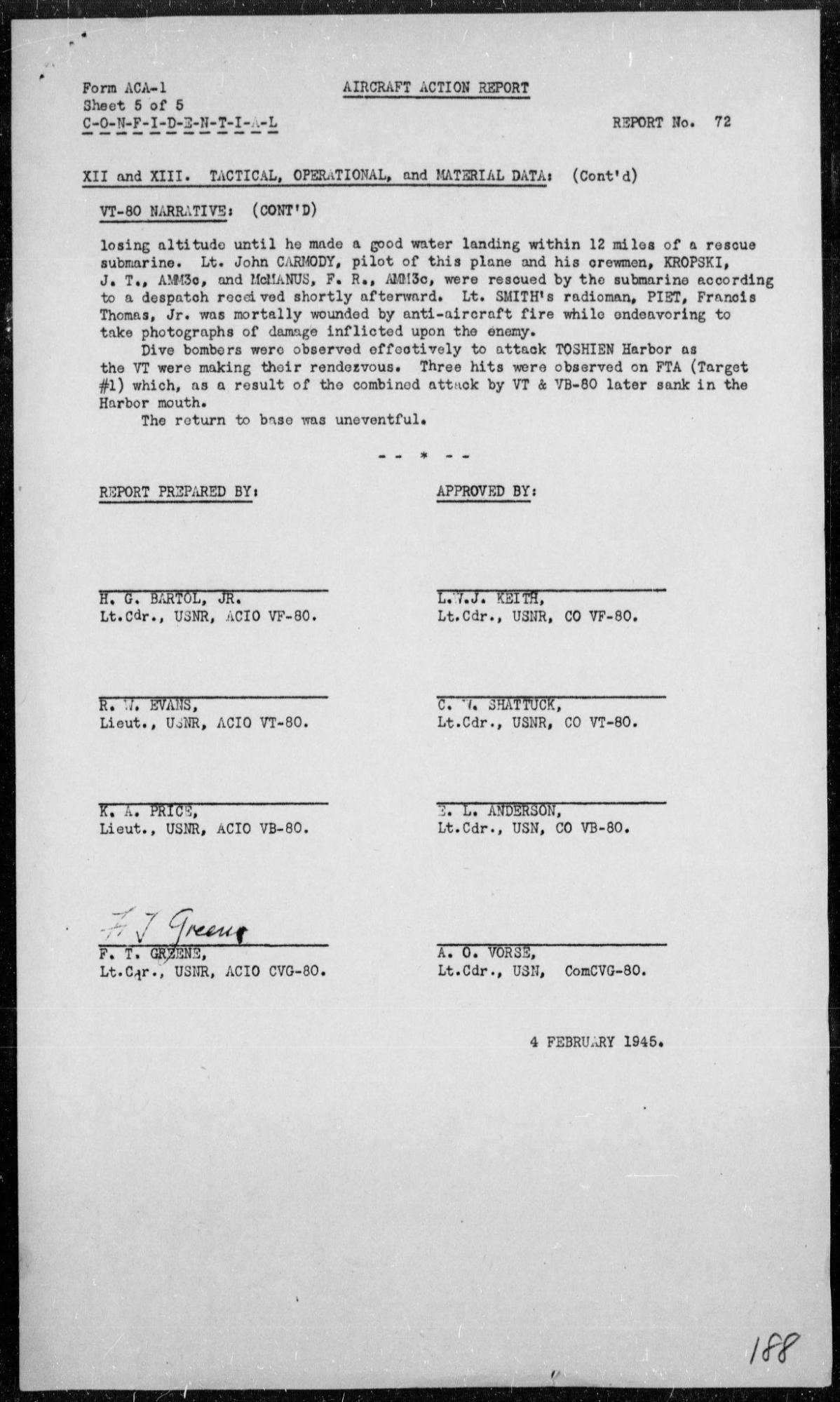 VT-80 Aircraft Action Report noting Francis and his mortal injuries