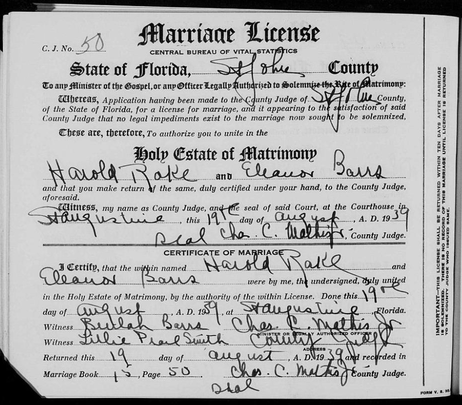 Marriage License of Harold Rake and Eleanor Barrs