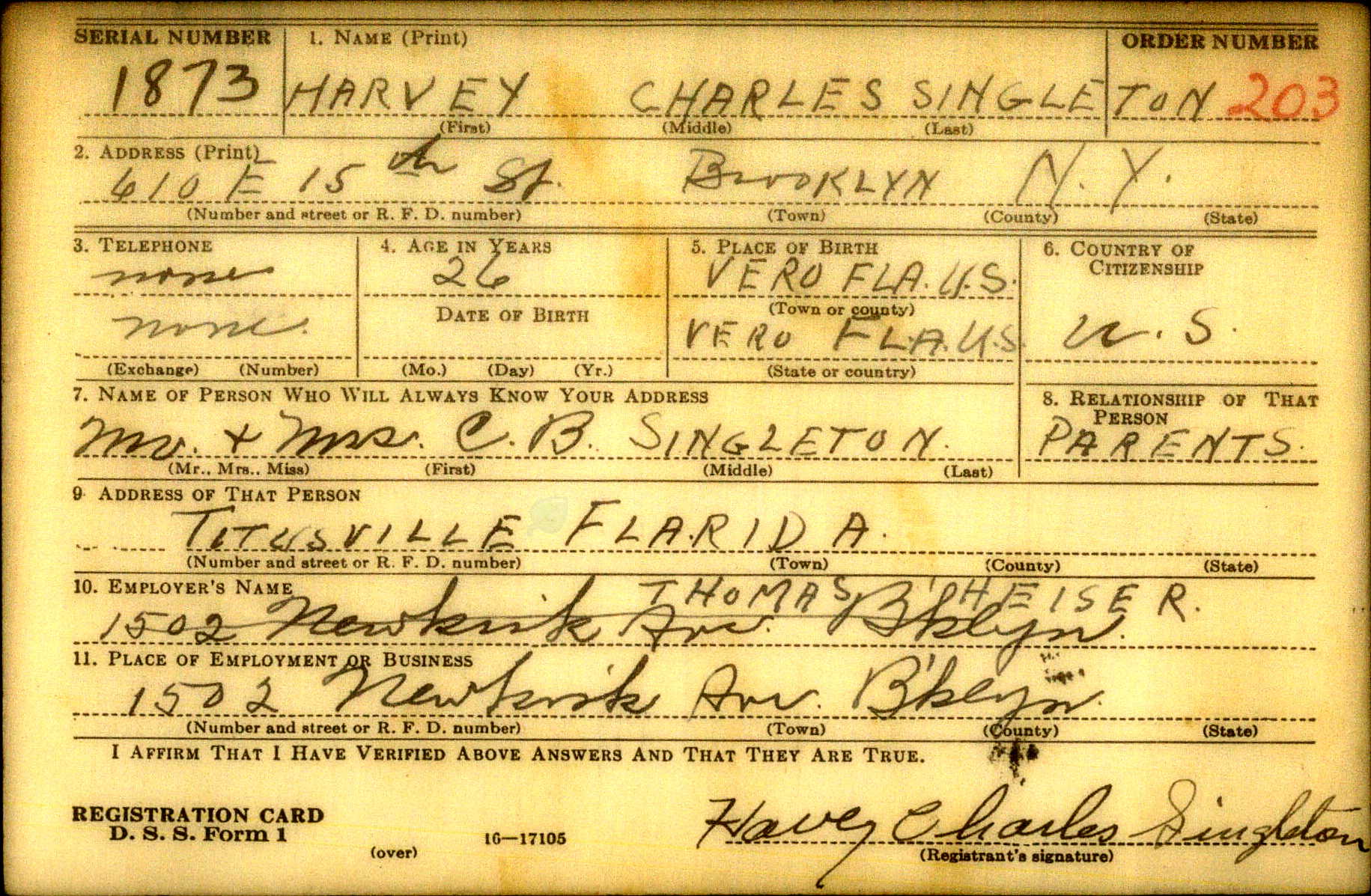 Harvey Singleton’s WWII Draft Registration Card