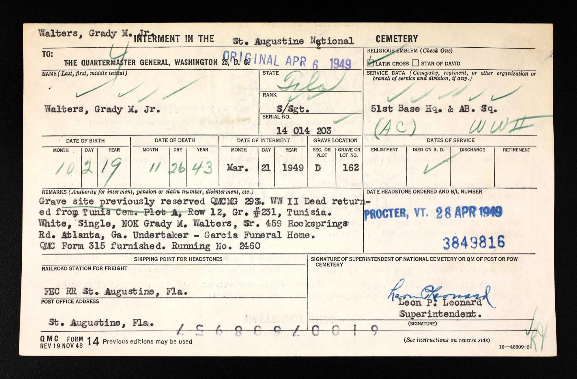 Interment record for Grady M. Walters Jr.