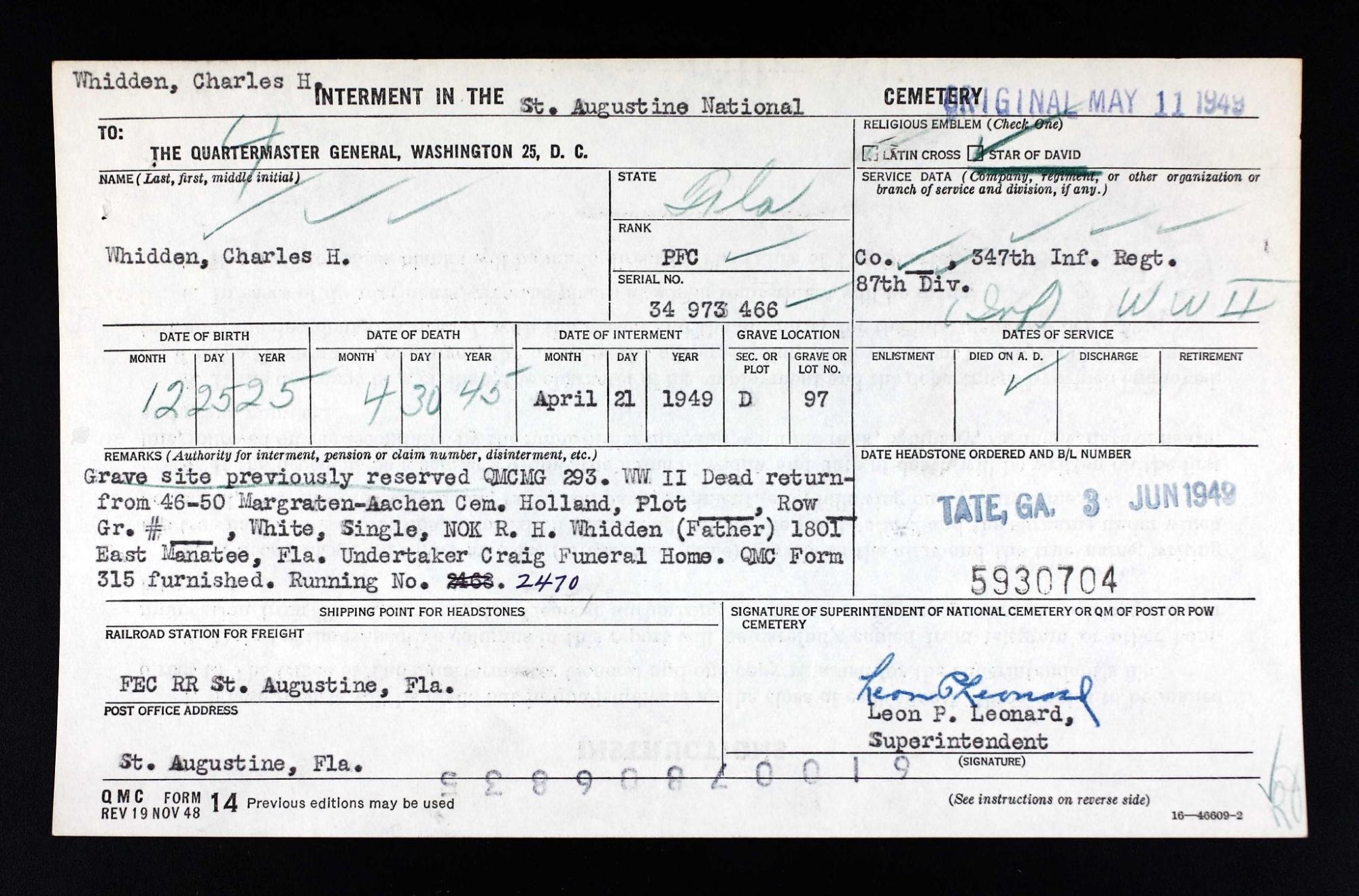 Charles H. Whidden’s Interment Card