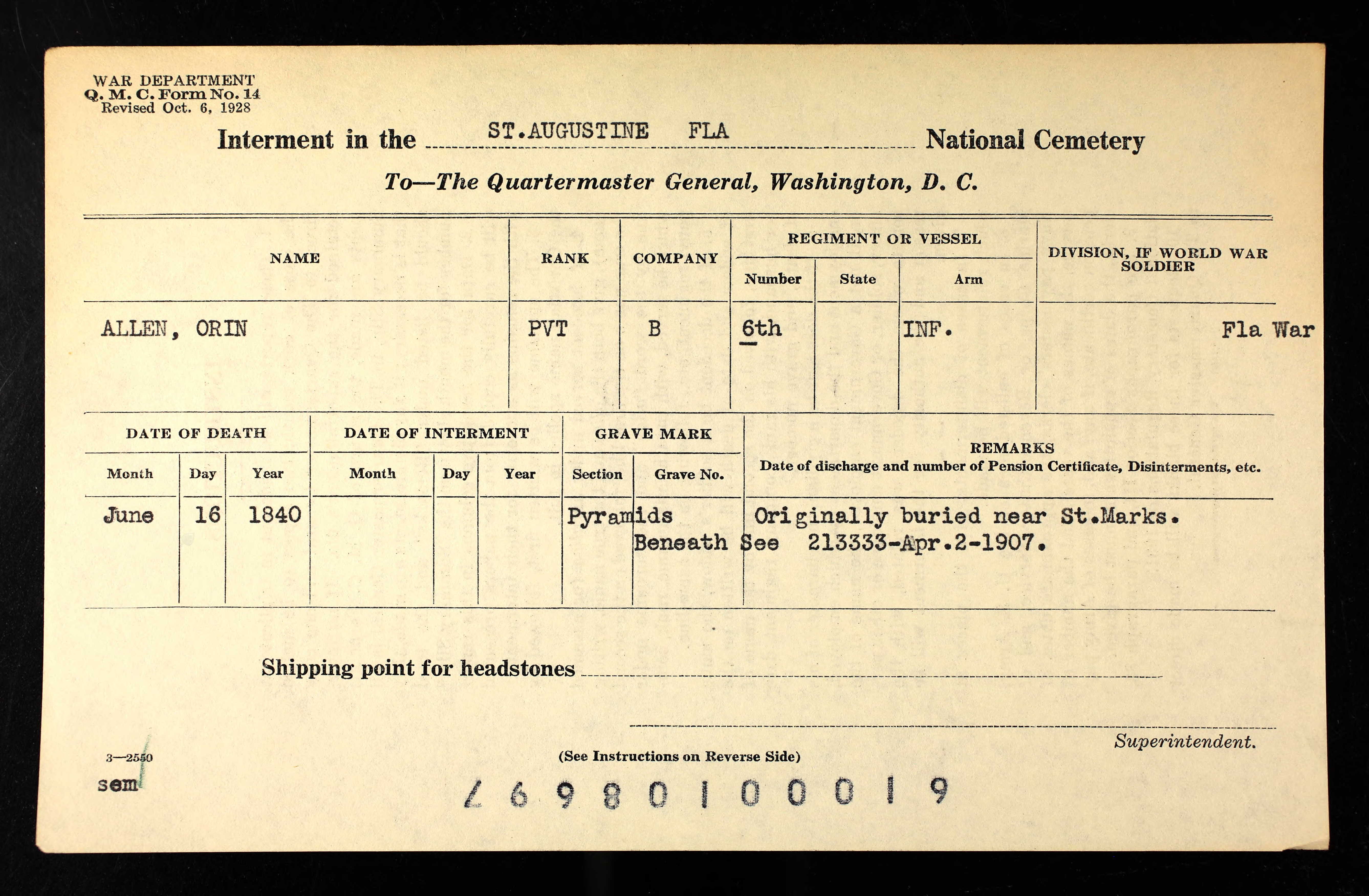 UCF Veterans Legacy Program St. Augustine National Cemetery Interment List  1 *The columns for Link to Interment Cards are active