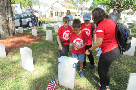 A parent and students reading a headstone